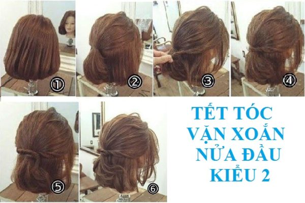 Tết tóc vặn xoắn nửa đầu kiểu 2