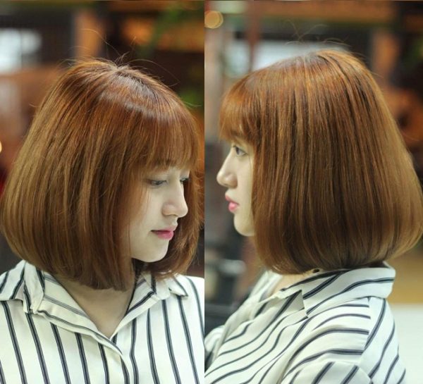 tóc ngắn mái thưa nhuộm màu nâu
