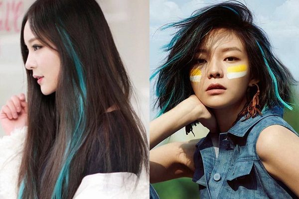 nền tóc đen nhuộm highlight xanh