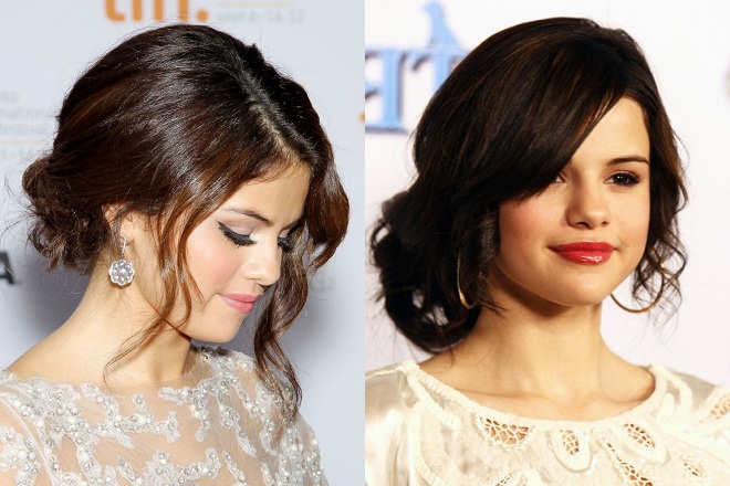 búi tóc ngang vai đẹp cho mặt tròn kiểu updo selena gomez