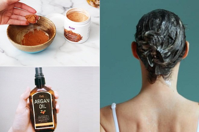 hỗn hợp đất sét đỏ trộn tinh dầu argan dưỡng tóc xoăn
