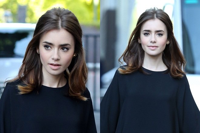 buộc tóc ngang lưng nửa sau đầu Lily Collins