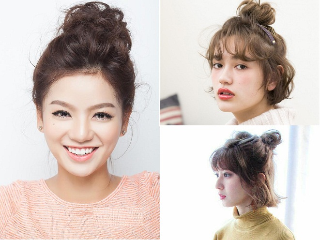 kiểu tóc ngắn búi cao cho gương mặt tròn