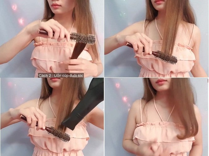 uốn đuôi tóc bằng máy sấy và lược tròn