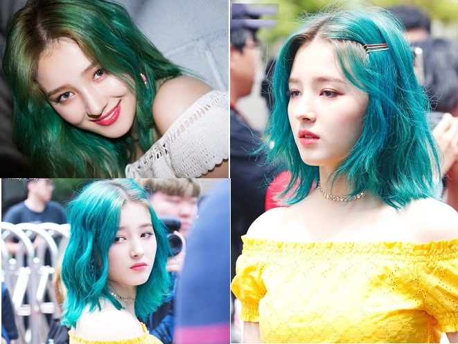 Momoland Nancy trong kiểu tóc ngắn uốn gợn sóng nhuộm xanh ngọc