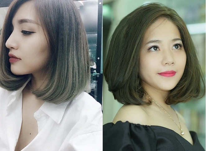 hai kiểu tóc cắt bob uốn đuôi nhuộm nâu rêu thời trang