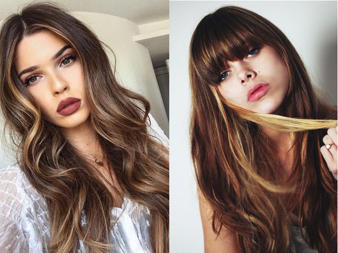 tóc dài uốn đuôi nhuộm kiểu highlight và balayage