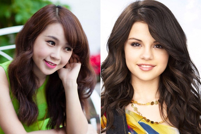 tóc uốn ngang lưng đẹp cho mặt tròn của Sam và Senela Gomez