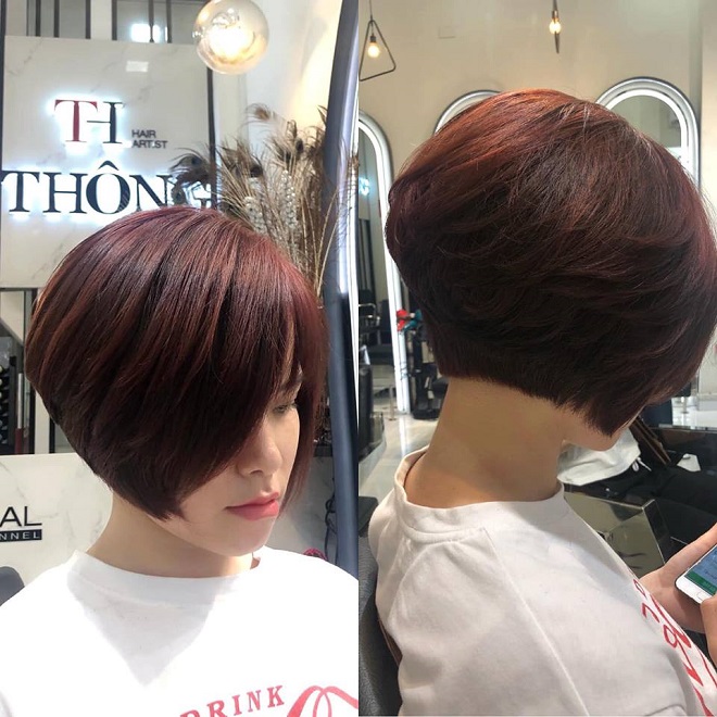 Tóc bob nhuộm đỏ nâu tại Thông Hair Salon