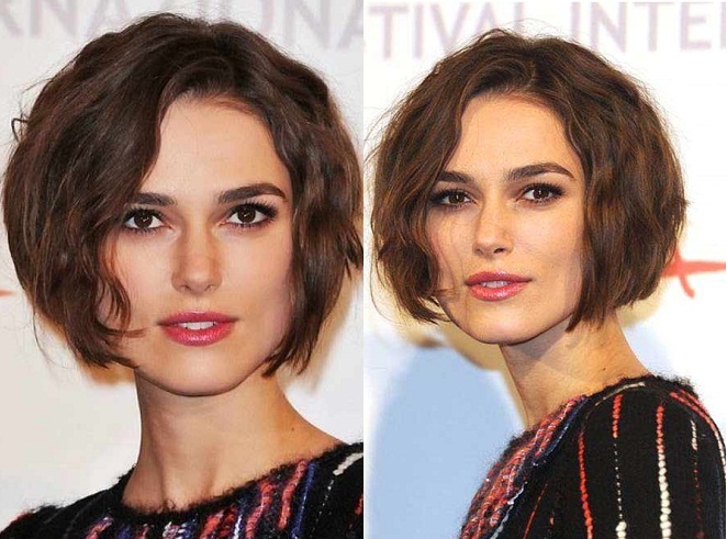 Keria Knightley trong kiểu tóc bob ngang cằm uốn xoăn sóng nhẹ