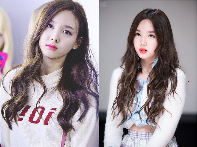 Nayeon Twice trong kiểu tóc dài cắt layer uốn gợn sóng