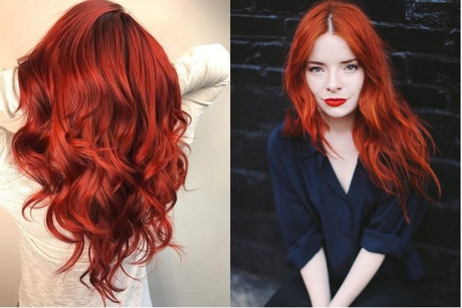 2 mẫu tóc dài uốn xoăn nhẹ nhuộm màu đỏ rực